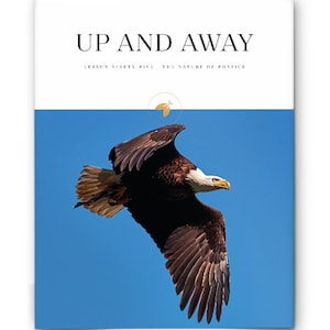 May include: A bald eagle soars through a bright blue sky. The image is titled "Up and Away" with the text "Lesson Ninety-Five: The Nature of Physics" below.