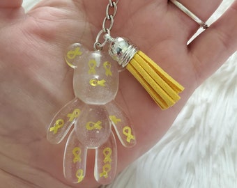 Yellow Awareness Ribbon Bear Keychain, Childhood Cancer, Deployed Military