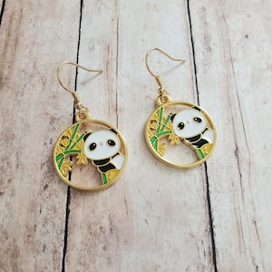 Gold Panda Charm Earrings, Wildlife Jewelry, Cold Weather Bamboo, Bear Accessories
