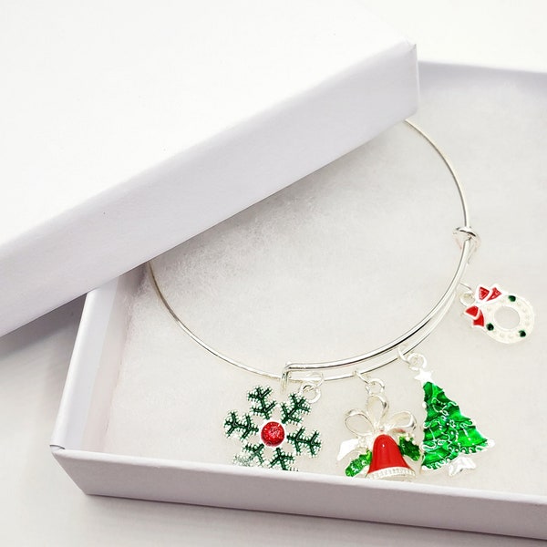 Christmas Charm Bracelet, Silver Christmas Bracelet, Holiday Jewelry, Christmas Jewelry, Red and Green Bracelet
