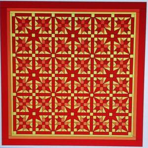 May include: A quilt pattern with a red, orange, and yellow color scheme. The pattern is made up of squares with a star design in the center. The quilt is divided into three layers, with the top layer being the most detailed.