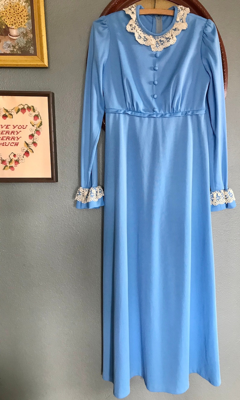 1970s Baby Blue Polyester Dress with Lace and Buttons