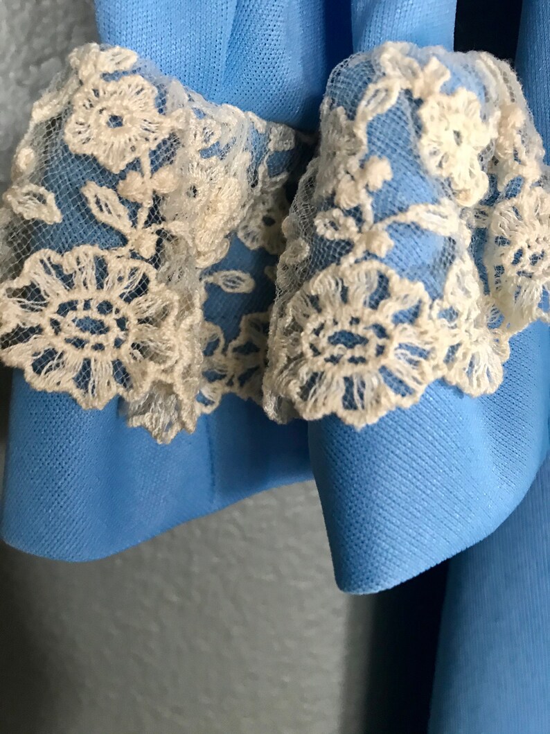 1970s Baby Blue Polyester Dress with Lace and Buttons
