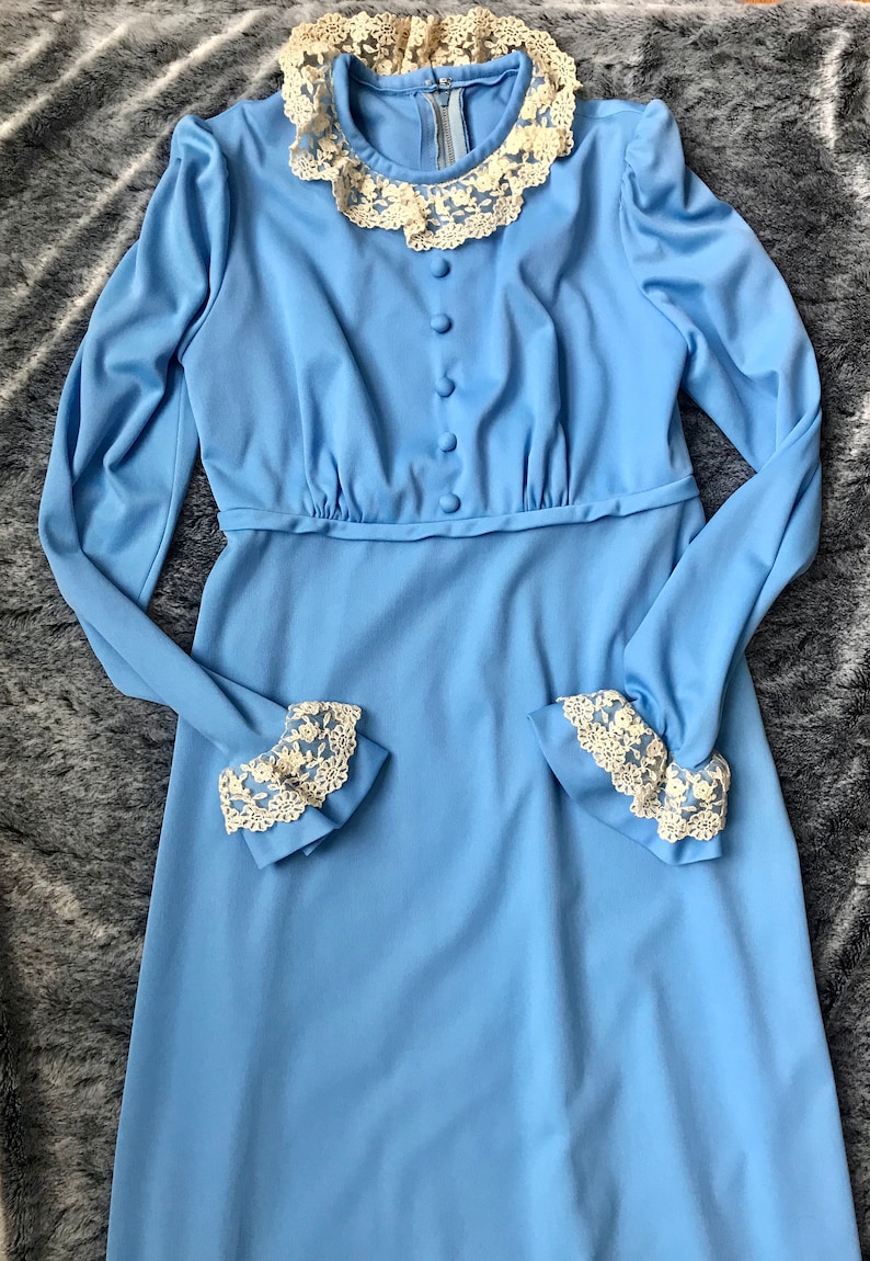 1970s Baby Blue Polyester Dress with Lace and Buttons