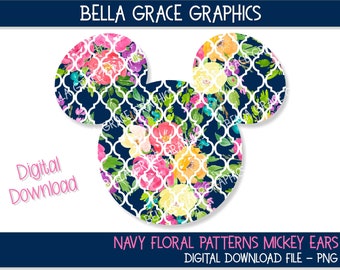 Navy Floral Patterns Mickey Ears Png Digital Design/Mickey Ears Sublimation Design
