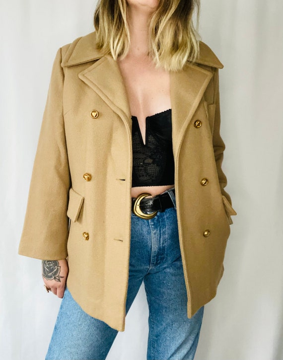 70s Vintage Camel Wool Pea Coat