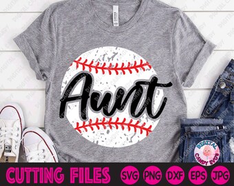 May include: A gray t-shirt with a distressed baseball graphic and the word "Aunt" in black script.