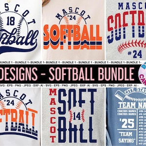 Puede incluir: Un paquete de descarga digital de seis diseños de softbol. Los diseños presentan diferentes combinaciones de colores de la palabra "Softball" con una pelota de béisbol y la palabra "Mascot". Los diseños son perfectos para crear ropa personalizada, manualidades y mucho más.