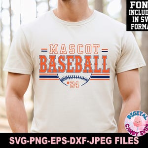 May include: A white t-shirt with a baseball design. The text on the shirt reads "MASCOT BASEBALL" with a baseball graphic and the number "24".