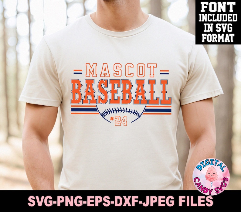 May include: A white t-shirt with a baseball design. The text on the shirt reads "MASCOT BASEBALL" with a baseball graphic and the number "24".