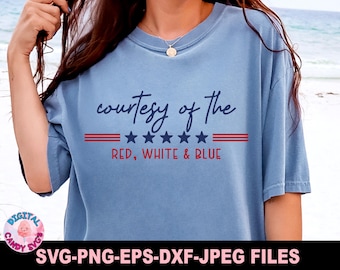 May include: Pale blue t-shirt featuring the text "courtesy of the RED, WHITE & BLUE". The design includes five blue stars and red stripes. A casual style t-shirt.