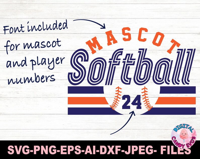 May include: A blue and orange softball mascot design with the text "MASCOT Softball 24". The design includes a baseball stitch pattern and a font that is included for use with the design.