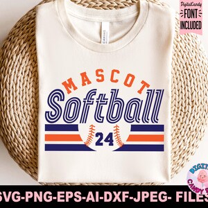 May include: A white t-shirt with a blue, orange, and white design that says "MASCOT Softball 24".