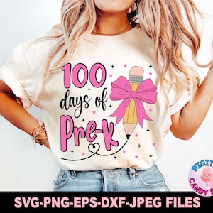 100 Dias de Escola Svg Png, 100 Dias de Pré-K Svg Png, Pré-K Svg, Laço de Coquete de Lápis Svg, Arquivos Svg para Cricut, Meninas 100 Dias de Escola