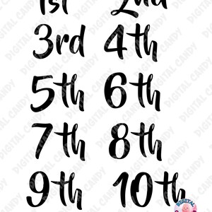 May include: A set of ten black and white digital cutting files featuring the numbers 1st through 10th in a handwritten style. The files are available in SVG, PNG, DXF, EPS, and JPG formats.