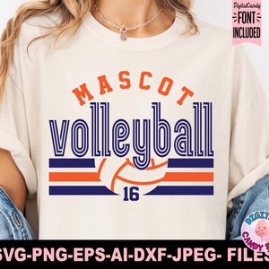May include: A white t-shirt with a blue and orange volleyball design. The text "MASCOT volleyball 16" is printed on the shirt.