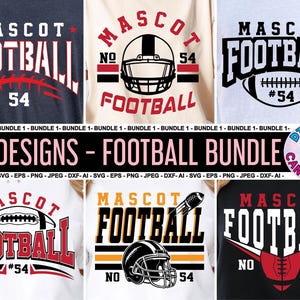 Puede incluir: Colección de seis diseños con temática de fútbol. Cada diseño presenta las palabras "MASCOT FOOTBALL", un gráfico de fútbol americano y el número "54". Los diseños están disponibles en formatos SVG, EPS, PNG, JPEG, DXF y AI.