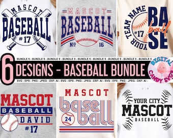 Pode incluir: Uma coleção de seis designs com tema de beisebol, com as palavras "MASCOT" e "BASEBALL" em vários estilos. Cada design inclui bolas de beisebol e números de equipa. Disponível nos formatos SVG, EPS, PNG, JPEG, DXF e AI. Os designs incluem nomes de equipas.