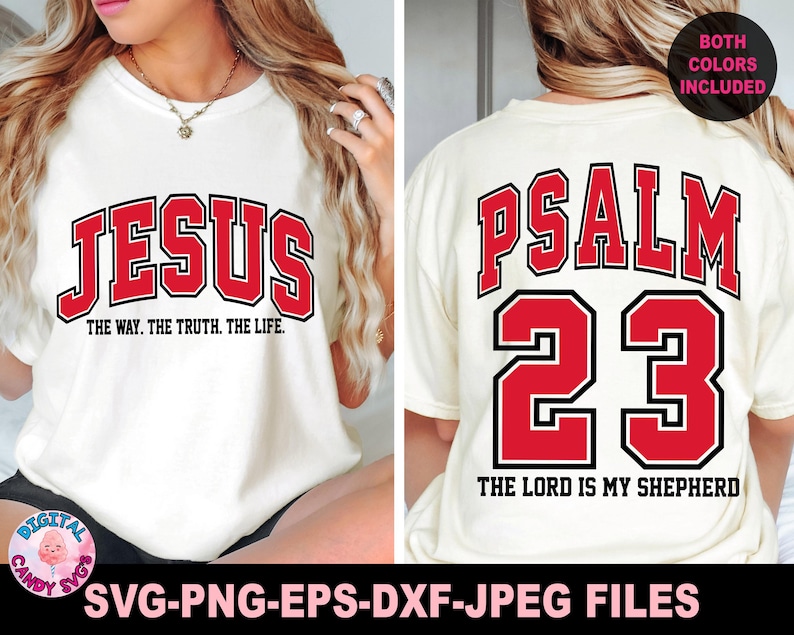 May include: Cream-colored t-shirt with the word "JESUS" in red block letters on the front, and "PSALM 23" on the back. The front of the shirt also has the text "THE WAY. THE TRUTH. THE LIFE." The back of the shirt has the text "THE LORD IS MY SHEPHERD."