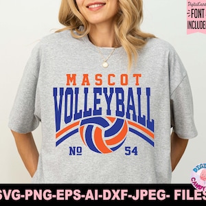 Puede incluir: Camiseta gris claro con las palabras "MASCOT VOLLEYBALL" en azul y naranja. Un gr&aacute;fico de voleibol est&aacute; centrado debajo del texto. El n&uacute;mero "54" est&aacute; debajo del voleibol. El texto "DigitalCandy FONT INCLUDED" est&aacute; en la esquina superior derecha.