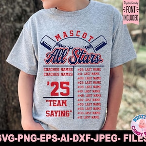 Modello di roster All Stars in formato SVG PNG, Baseball in formato SVG PNG, All Stars in formato SVG, Modello di squadra di baseball in formato SVG, Mamma di baseball in formato SVG, File SVG per Cricut