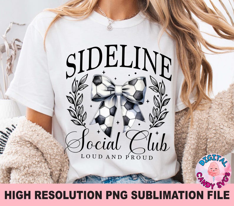 May include: White t-shirt with black text that reads "Sideline Social Club Loud and Proud". A black and white football bow is centered on the shirt.