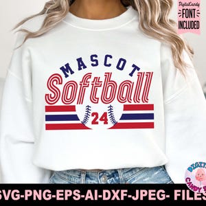 May include: White sweatshirt with a red, white, and blue softball design. The design includes the words "MASCOT Softball" and the number "24".