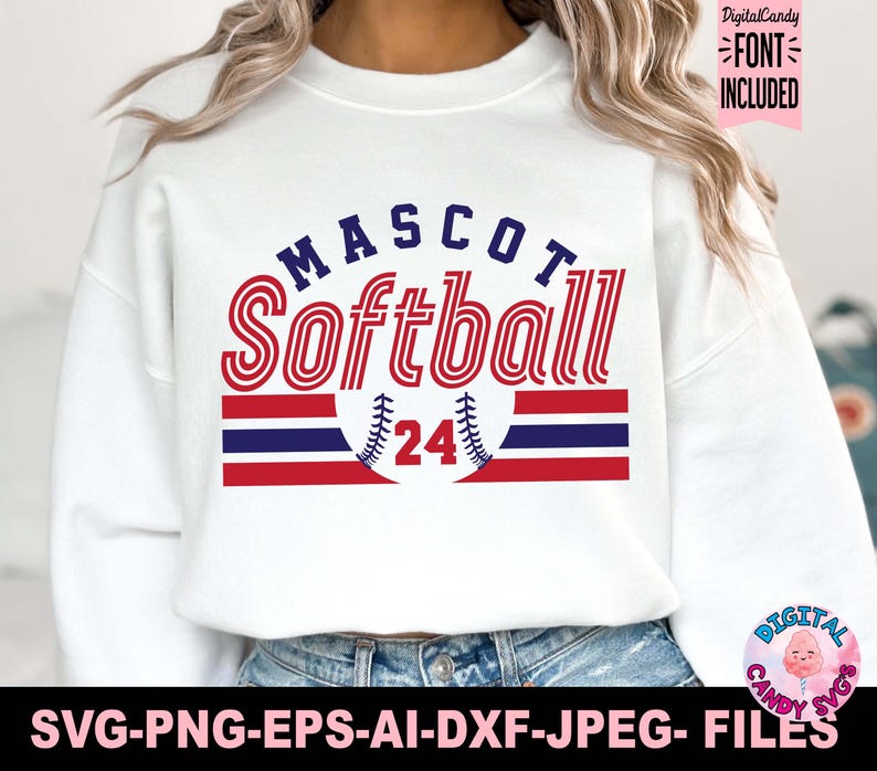 May include: White sweatshirt with a red, white, and blue softball design. The design includes the words "MASCOT Softball" and the number "24".