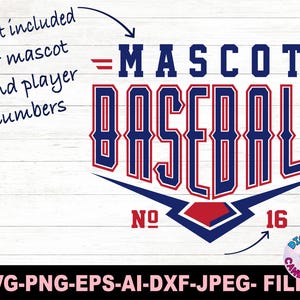 Pode incluir: Um gr&aacute;fico de beisebol azul e vermelho com o texto "MASCOT= BASEBALL=" e os n&uacute;meros "NO 16". O gr&aacute;fico est&aacute; em um fundo de madeira branca. O texto "Font included for mascot and player numbers" est&aacute; escrito em preto no lado esquerdo da imagem.