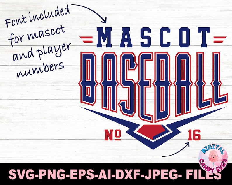 Pode incluir: Um gr&aacute;fico de beisebol azul e vermelho com o texto "MASCOT= BASEBALL=" e os n&uacute;meros "NO 16". O gr&aacute;fico est&aacute; em um fundo de madeira branca. O texto "Font included for mascot and player numbers" est&aacute; escrito em preto no lado esquerdo da imagem.
