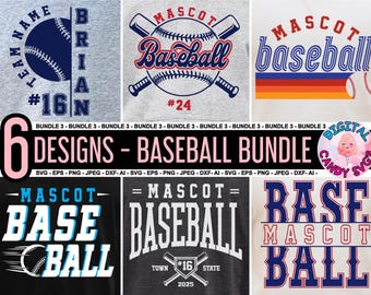 May include: A digital download bundle of six baseball-themed designs. The designs feature a variety of baseball-related graphics, including baseballs, bats, and the word "baseball". The designs are available in SVG, EPS, PNG, JPEG, DXF, and AI formats.