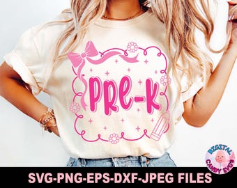 Pre-K Svg Png, Pre-K Coquette Svg, terug naar school Svg, Coquette Teacher Svg, Coquette Bow Svg, Svg-bestanden voor Cricut, Girls First Day School