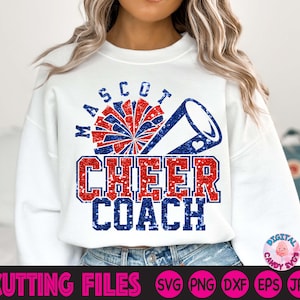 May include: White sweatshirt with a red, blue, and white glitter design that says "Mascot Cheer Coach".
