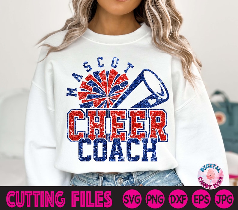 May include: White sweatshirt with a red, blue, and white glitter design that says "Mascot Cheer Coach".