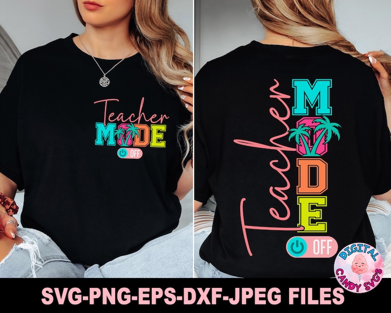 May include: Black t-shirt with the text "Teacher Mode" in colorful letters with a palm tree graphic and an on/off switch. The text "Teacher Mode" is also on the back of the shirt in vertical letters.