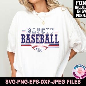 May include: White t-shirt with a blue and red baseball graphic and the text "MASCOT= BASEBALL #24".