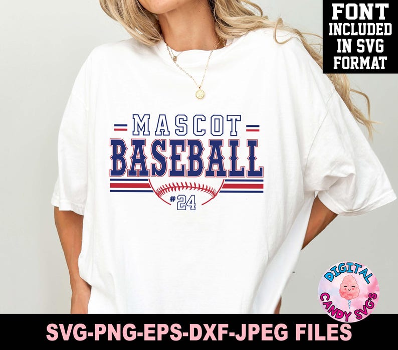 May include: White t-shirt with a blue and red baseball graphic and the text "MASCOT= BASEBALL #24".