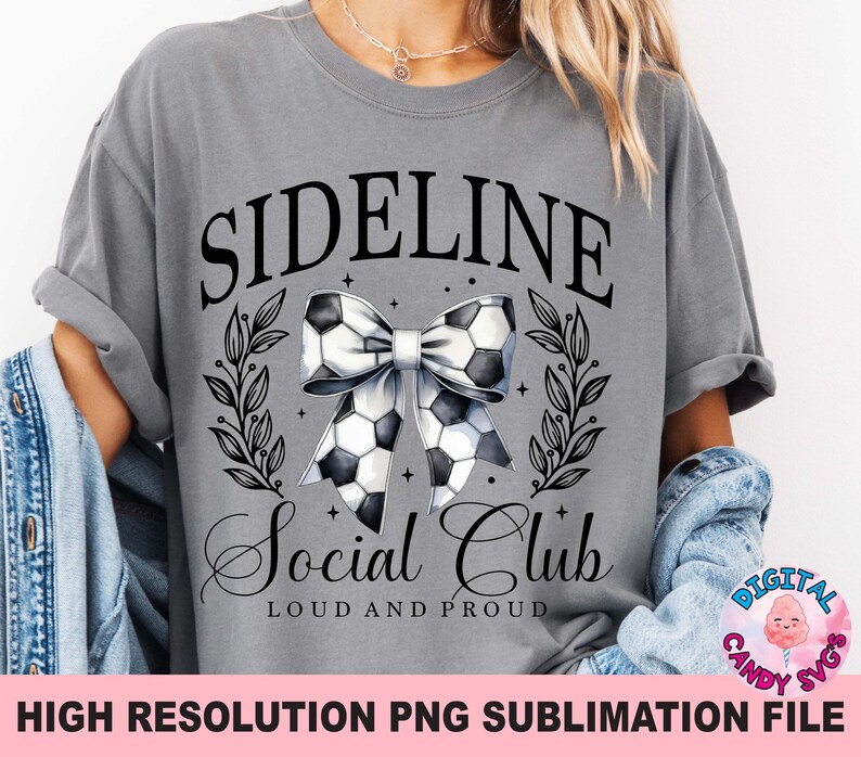 May include: Grey t-shirt with the text "Sideline Social Club Loud and Proud" and a black and white bow with a football design.