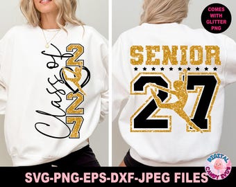 May include: A white sweatshirt featuring a black and gold glitter graphic. The front displays the text Class of 2027 with a heart and gymnast silhouette. The back shows the word SENIOR above the number 27 with a gold glitter gymnast silhouette.