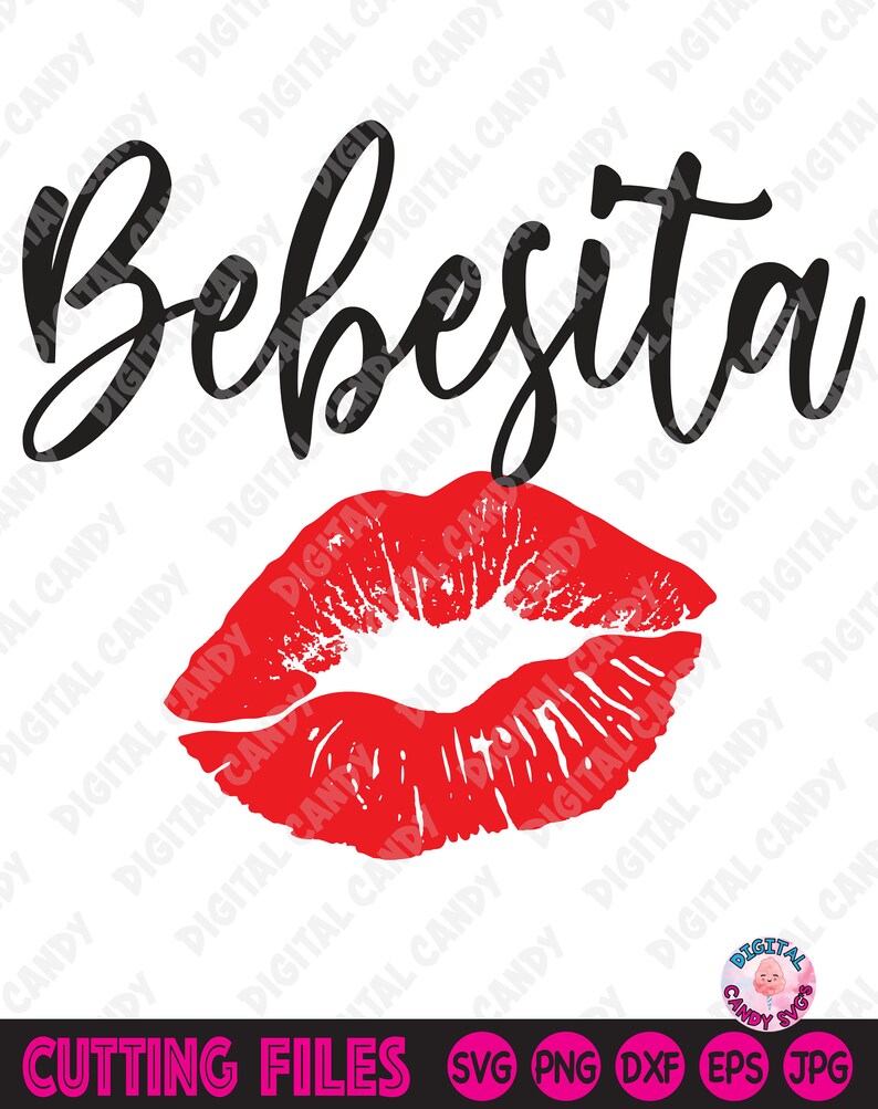 May include: A black and white graphic design with the text "Bebesita" in a cursive font. A red lipstick kiss mark is below the text.