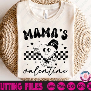 May include: Black and white graphic design featuring a heart-shaped character with a hat, wearing a checkered pattern. The text "MAMA'S valentine" is written in a retro font.