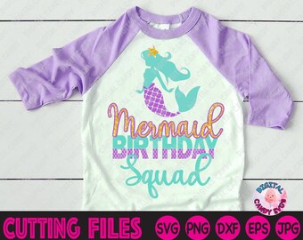 May include: A purple and white raglan t-shirt with a mermaid graphic and the text "Mermaid Birthday Squad".