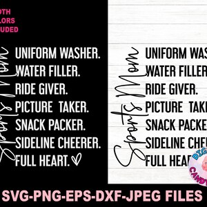 May include: Black and white text graphic design with the words "Sports Mom" and a list of phrases describing the roles of a sports mom, such as "Uniform Washer", "Water Filler", "Ride Giver", "Picture Taker", "Snack Packer", "Sideline Cheer", and "Full Heart".