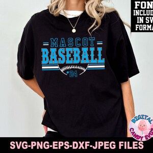 May include: A black t-shirt with a blue and white baseball graphic and the text "MASCOT= BASEBALL #24".