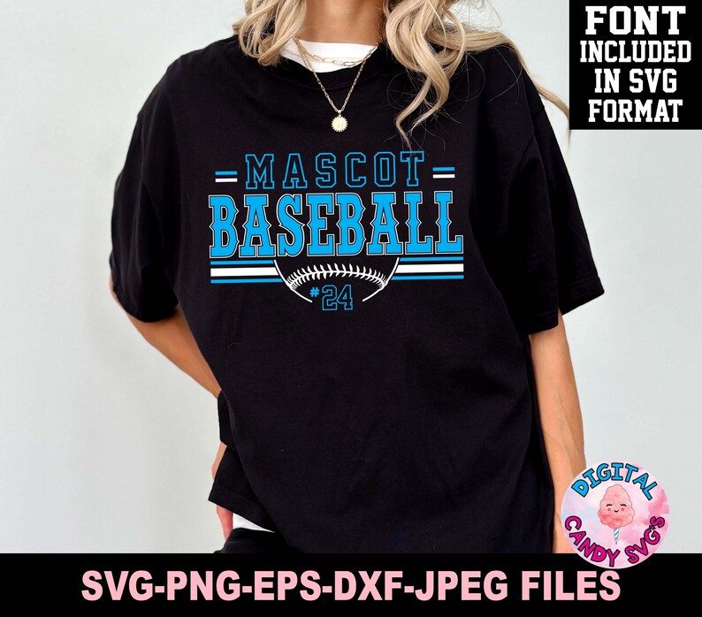 May include: A black t-shirt with a blue and white baseball graphic and the text "MASCOT= BASEBALL #24".