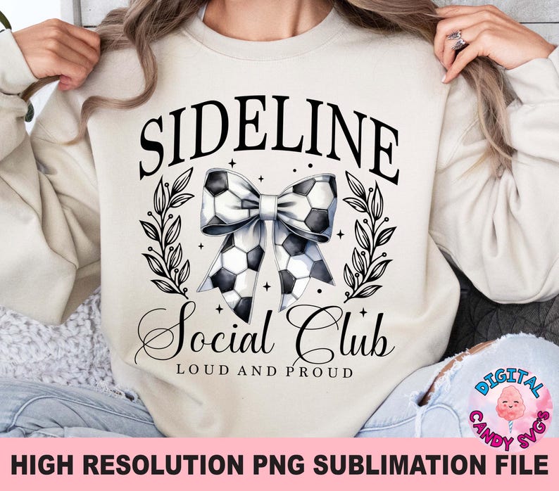 May include: A white sweatshirt with the text "Sideline Social Club Loud and Proud" and a black and white football bow.