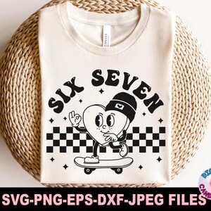 May include: Cream-colored t-shirt with the words "SIX SEVEN" in black, featuring a heart-shaped character on a skateboard. The character wears a beanie and is set against a black and white checkered background. The shirt is a digital file.