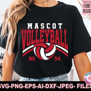 Puede incluir: Camiseta negra con un dise&ntilde;o de voleibol rojo y blanco. El texto "MASCOT VOLLEYBALL" se muestra en blanco y rojo. El n&uacute;mero "54" est&aacute; debajo del gr&aacute;fico de voleibol. La parte inferior de la camiseta dice "SVG-PNG-EPS-AI-DXF-JPEG- FILES".
