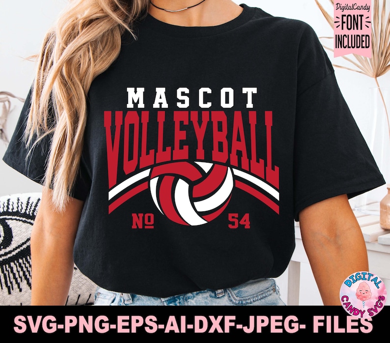 Puede incluir: Camiseta negra con un dise&ntilde;o de voleibol rojo y blanco. El texto "MASCOT VOLLEYBALL" se muestra en blanco y rojo. El n&uacute;mero "54" est&aacute; debajo del gr&aacute;fico de voleibol. La parte inferior de la camiseta dice "SVG-PNG-EPS-AI-DXF-JPEG- FILES".