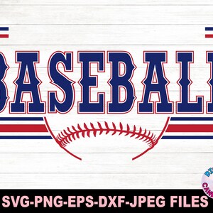 May include: A digital download of a baseball themed graphic with the word "BASEBALL" in blue letters with red and blue stripes. The graphic includes a baseball stitch design.